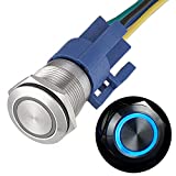 APIELE 19mm Momentary Push Button Switch On Off Stainless Steel with 12V LED Angel Eye Head for 19mm 3/4 Mounting Hole with Wire Socket Plug Self-Reset (Blue)