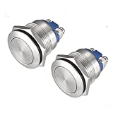 (Pack of 2) 19mm Momentary Push Button Switch Waterproof Stainless Steel Metal Flat Top 12V 24V 36 DC 110V 250V AC 5A 1NO SPST Screw Terminal APIELE