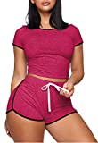Booty Shorts for Women Plus Size Striped Casual Activewear Sets Rose Red XL