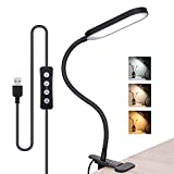 Clip on Light Reading Lights USB Desk Lamp with 3 Color Temperature and 10 Brightness Dimmer Flexible 360 ° ​Gooseneck Bed Light for Study (Black）