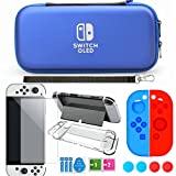 Carrying Case Compatible with Nintendo Switch OLED Model 2021, Accessories Bundle with Screen Protector, Clear Cover for Switch-Pro Controller, Silicone Skin for Joy-Con and 4 Thumb Grip Caps(Blue)