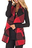 YACUN Women Vest Lapel Open Front Buffalo Plaid Sleeveless Cardigan Jacket Coat with Pockets Red XL