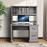 BELLEZE 50 Inch Wood Executive Secretary Desk with Hutch, Rustic Small Space Computer Workstation, 2 Storage Drawers Wire Management Grommet, Black Hardware - Bonelli (Gray Wash)