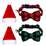 2 Pcs Cat Santa Christmas Hat,2 Pcs Christmas Cat Collar Breakaway with Cute Bow Tie Bell,Red Green Plaid Pattern Xmas Kitten Collar