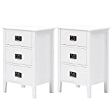 VECELO Nightstands Set of 2 End/Side Tables for Living Room Bedroom Bedside with Three Storage Drawer, Vintage Accent Furniture Small Space, Solid Wood Legs, White