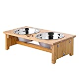 FOREYY Raised Pet Bowls for Cats and Small Dogs, Bamboo Elevated Dog Cat Food and Water Bowls Stand Feeder with 2 Stainless Steel Bowls and Anti Slip Feet (4'' Tall-20 oz Bowl)