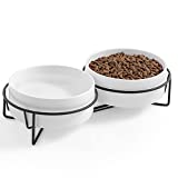 Ihoming Cat Bowls, Puppy Ceramic Food and Water Bowls Set, 1 3/4 Cups X 2, Indoors White Pet Bowls with Iron Stand