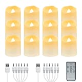 USB Rechargeable Flameless LED Tea Lights Warm White Votive Candles with Remote Battery Flickering Tealights Candle for Halloween Christmas Romantic Home Decoration (12 Packs,Warm White)