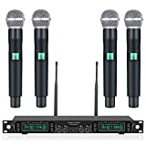 Phenyx Pro Wireless Microphone System, 4-Channel UHF Wireless Mic, Fixed Frequency Metal Cordless Mic with 4 Handheld Dynamic Microphones, 260ft Range, Microphone for Singing,Church,DJ (PTU-5000A)