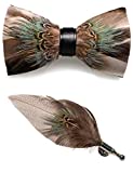 RBOCOTT Brown Feather Pre-tied Bow tie Leather Bowtie and Brooch Sets for Men(5)