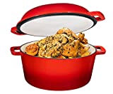 2 in 1 Enameled Cast Iron Double Dutch Oven & Skillet Lid, 5-Quart, Fire Red - Induction, Electric, Gas & In Oven Compatible