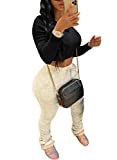 Salimdy Women's Elastic Waist Long Workout Active Pant with Pocket Jogging Yoga Sport Stacked Leggings Sweatpant Beige L