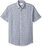 Amazon Essentials Men's Slim-Fit Short-Sleeve Gingham Linen Shirt, Navy, Large