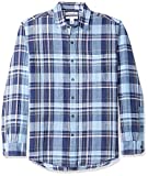 Amazon Essentials Men's Regular-Fit Long-Sleeve Plaid Linen Shirt, Navy, X-Large