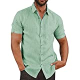 JEKAOYI Button Down Short Sleeve Linen Shirt for Men Button Up Shirt Cotton Lightweight Spread Collar Tops (Green, Large)