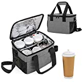 Trunab Reusable 6 Cups Drink Carrier for Delivery Insulated Drink Caddy with Handle and Shoulder Strap, Adjustable Dividers, Beverages Carrier Tote Bag, for Daily Life Takeout, Outdoors, Travel, Grey