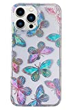 Jmltech Compatible with iPhone 13 Pro Max Case Glitter Bling Cute Butterfly Clear Slim Hard PC with Silicone Bumper Pattern Case for Women Girls for iPhone 13 Pro Max with Glass Screen Protector