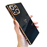 Tzomsze Compatible with iPhone 13 Case Square Cute Luxury Gold Heart Pattern, Full Camera Lens Protection & Reinforced Corners Shockproof Electroplate Edge Bumper TPU Case [6.1 inches] -Black