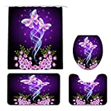 4 Pcs Purple Butterfly with Flowers Shower Curtain Sets with Non-Slip Rugs, Toilet Lid Cover and Bath Mat, Romantic Floral Curtain with 12 Hooks