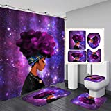 Fashion_Man 4PCS/Set Elegant Afro Black Girl Shower Curtain, Fantasy Galaxy Ethnic Sexy African American Woman Bathroom Decor, Waterproof Fabric Bath Curtain, Non-slip Bath Rug Toilet Carpet, Purple