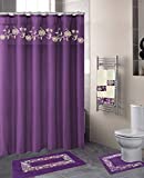 Luxury Home Collection 18 Pc Bath Rug Set Embroidery Non-Slip Bathroom Rug Mats and Rug Contour and Shower Curtain and Towels and Rings Hooks and Towels New (Purple Nancy)