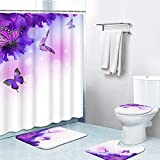Britimes 4 Piece Shower Curtain Sets, Purple Butterfly with Non-Slip Rugs, Toilet Lid Cover and Bath Mat, Durable and Waterproof, for Bathroom Decor Set, 72" x 72"