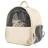 YUAZWELA Pet Backpack Travel Carrier, for Less Than 16.5 Ib Small Cats and Dogs, Ventilated Design, Foldable, PVC Transparent Cover Portable Pet Bag Leather Safety Strap Carrying Hiking, Beige