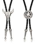 Thunaraz Leather Tie Necktie Cow Skull Texas Ranger Star Chain for Men Silver-tone