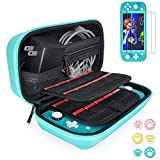 Hestia Goods Switch Case Compatible with Nintendo Switch Lite 2 Pack Screen Protector & 6 Pcs Thumb Grip, 20 Game Cartridges Hard Shell Travel Carrying Switch Lite Console & Accessories, Turquoise