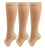 Open toe Toeless Compression Socks 3 Pairs for Women Men 15-20 mmHg Support Stockings Running Travel Pregnancy (L/XL, Nude)