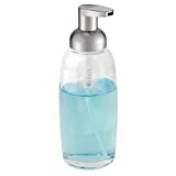 mDesign Modern Glass Refillable Foaming Soap Dispenser Pump Bottle for Bathroom Vanity Countertop, Kitchen Sink - Save on Soap - Vintage-Inspired, Compact Design - Clear/Brushed