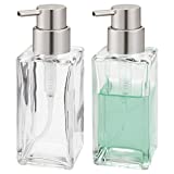 mDesign Square Glass Refillable Liquid Soap Dispenser Pump Bottle for Bathroom Vanity Countertop, Kitchen Sink - Holds Hand Soap, Dish Soap, Hand Sanitizer, Essential Oils - 2 Pack - Clear/Brushed