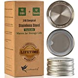 EcoPeaceful 316 Surgical Stainless Steel Mason Jar Lids REGULAR Mouth - ORIGINAL DESIGN - Stackable w/ Pull-Tab Silicone Seal. Rust-proof, Airtight, Leak-proof, Vegan, BPA-Free, PVC-free, Reusable - Not for Canning