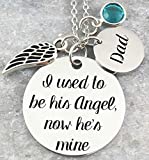 Memorial Jewelry Necklace - I used to be his angel, now he's mine - Name Disc, Angel Wing & Birthstone Crystal