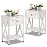 VECELO Night Stands for Bedroom Rustic Nightstand Bedside End Tables with Drawer Storage, Pearl White,Set of 2