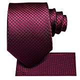 Hi-Tie Extra Long Burgundy Plaid Tie Wine Red Silk Necktie and Pocket Square Woven for Men XL 63"