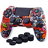 YoRHa Water Transfer Printing Camouflage Silicone Cover Skin Case for Sony PS4/slim/Pro dualshock 4 Controller x 1(Skull Graffiti) with Pro Thumb Grips x 8