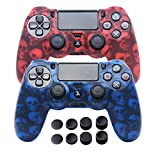 Skins for PS4 Controller - DualShock 4 Silicone Skins Water Printed Protector Case Set for Sony PS4, PS4 Slim, PS4 Pro - 2 Pack Skull PS4 Controller Cover - 4 Pairs PS4 Thumb Grips - Red & Blue