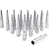 Wheel Accessories Parts 24 Pcs 14mm 1.50 14x1.50 Thread Spike Spline Solid Metal 4.40" Long Lug Nuts Chrome Truck Spline Fits Chevy Silverado 1500 2016+ Ford F 150 2019 + Ram 1500