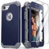 IDweel iPhone 8 Case with Tempered Glass Screen Protector, iPhone 7 Case, 3 in 1 Shockproof Slim Hybrid Heavy Duty Hard PC Cover Soft Silicone Bumper Full Body Case, Blue
