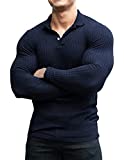 COOFANDY Mens Collared Long Sleeve Pullover Shirts Stretch Sweater Polo Shirt Navy Blue