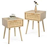 HOPUBUY Nightstands Set of 2 with Rattan Drawer, Modern Night Stand for Bedrooms, Wooden Bedside Table Side Table for Small Place Living Room and Bedroom