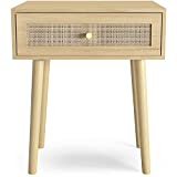 Vremi Nightstand Side Table – Natural Handmade Rattan Design Night Stands for Bedroom with Single Hand Drawer, Gold Metal Handle, Solid Wood Legs and Anti-Slip Pads – 1 Pack