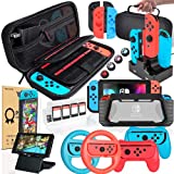 Deruitu Switch Accessories Bundle Compatible with Nintendo Switch, Kit with Carrying Case, Screen Protector, Compact Playstand, Game Case, Joystick Cap, Charging Dock,Steering Wheel, (18 in 1)