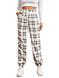 WDIRARA Women's Plaid Elastic High Waist Casual Tartan Pants with Pockets Black and White M