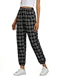 Milumia Women Plaid High Waisted Pants Elastic Waist Joggers Running Sweatpants Black and White Medium