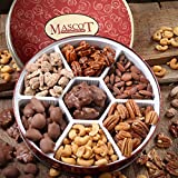 HOLIDAY NUTS GIFT BASKET PECANS - Cinnamon Pecans, Glazed Pecans, Chocolate Covered Pecans, Jumbo Cashews, Pecan Caramel Clusters, Almonds, Roasted Pecans- Mascot Candy Kitchen Since 1955 - Birthdays