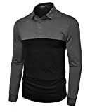TAPULCO Mens Long Sleeve Two-Tone Polo Fall Active Shirts Lightweight 4-Way Stretch Golf Wear Wicks Sweat Dry Fast Breathable Collared Tshirts Black and Grey X-Large