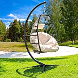 Barton Luxury Wicker Hanging Chair Egg Chair Patio Egg Chair Soft Deep Fluffy Cushion Relaxing Large Basket Porch Lounge, Cream