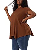 Agnes Orinda Women's Plus Size Top T Shirt Short Sleeve Irregular Hem Textured Print Work Tee 3X Brown